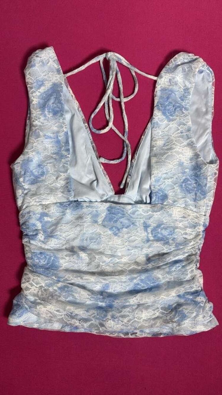 Wild Fable Lace Floral Tank Top – Blue White Tie‑Back Satin Ruched Size L